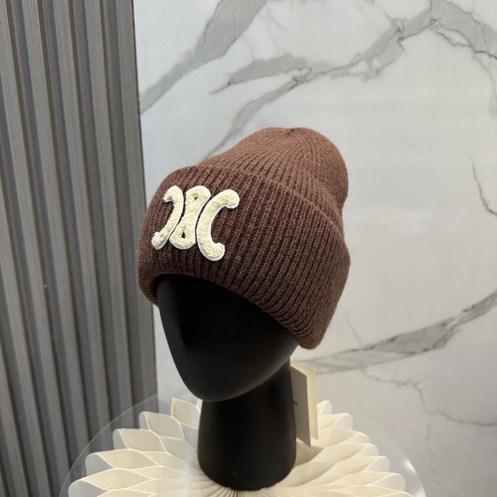 Celine Brown Knit Beanie with White Logo